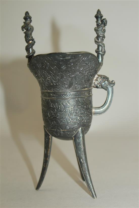 A late 19th century Japanese silver model of a Chinese archaic jue, 11 oz.